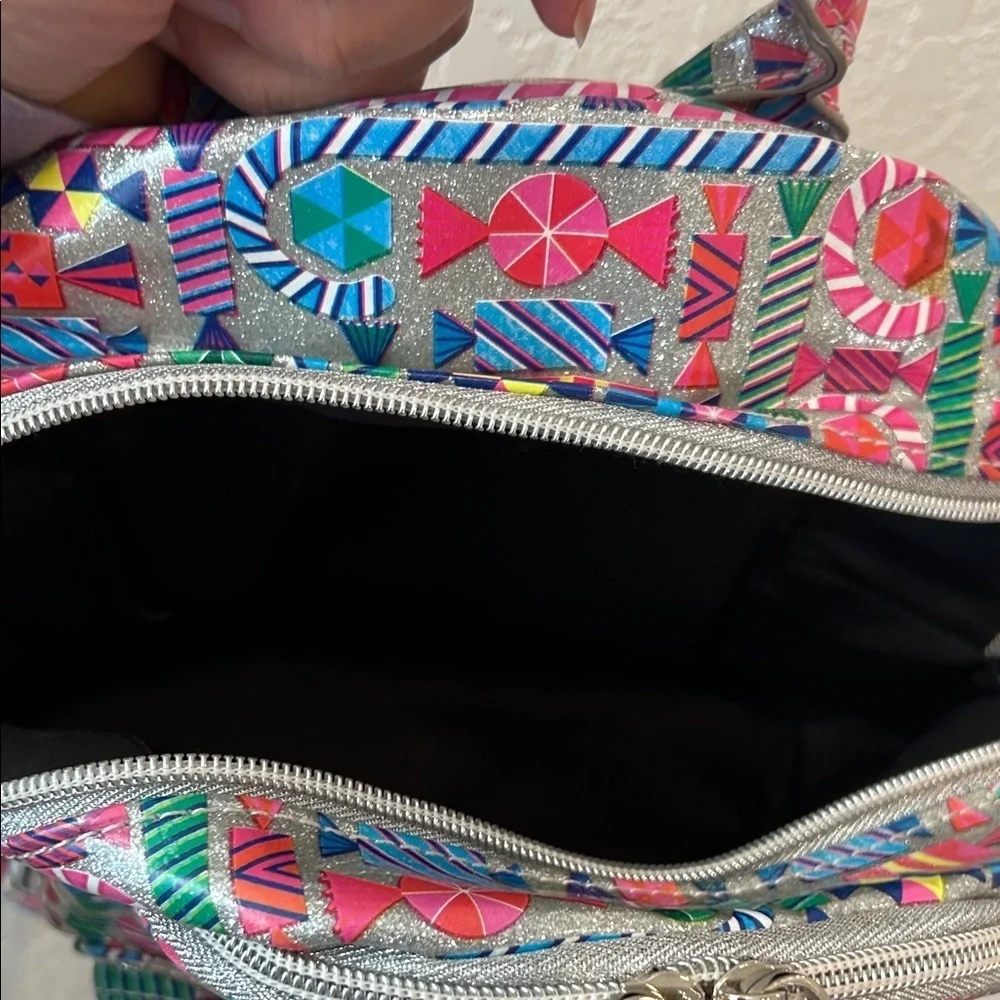 Bari Lynn Geometric Candy Print Shimmer Small Backpack Rainbow Straps